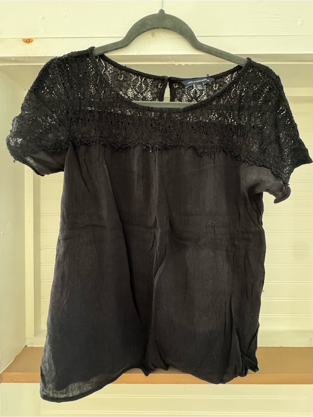 American Eagle Outfitters Black Lace Yoke Short Sleeve Top